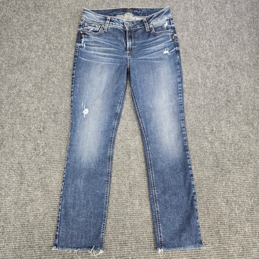 Silver Jeans Elyse Straight Jeans Womens 29x29 Blue Distressed Raw Hem Stretch